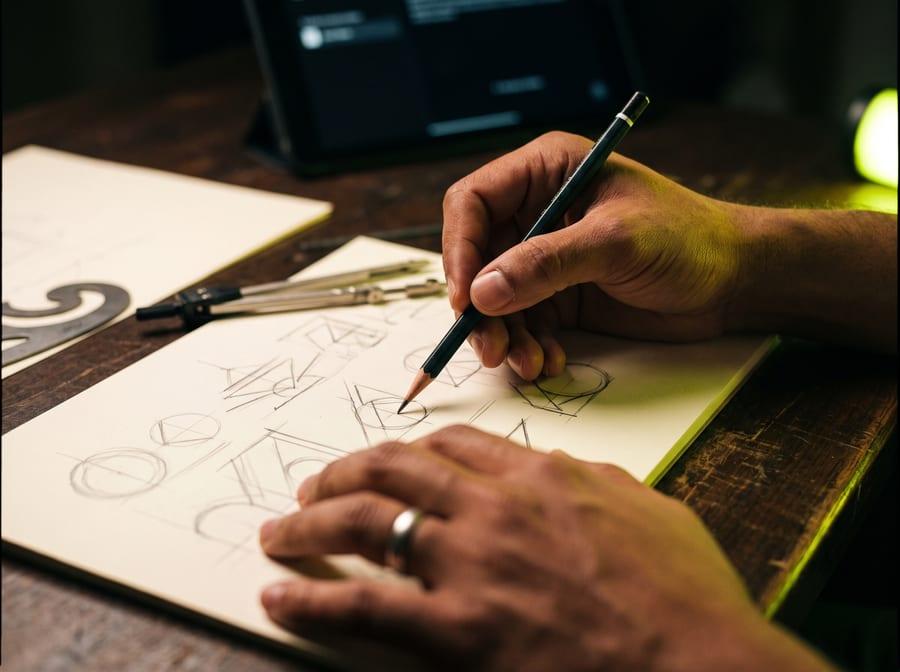 Manos de un diseñador de ÓNICE bocetando una marca a lápiz